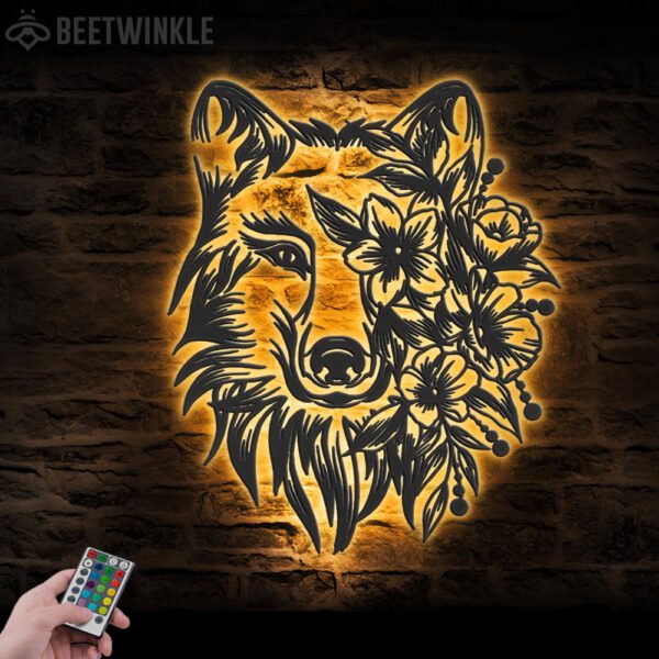 Floral-Wolf-Metal-Wall-Art-LED-Light