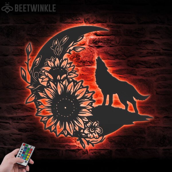 Floral-Wolf-On-The-Srescent-Moon-Sunflower-Metal-Wall-Art-LED-Light-2