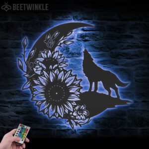 Floral-Wolf-On-The-Srescent-Moon-Sunflower-Metal-Wall-Art-LED-Light-3