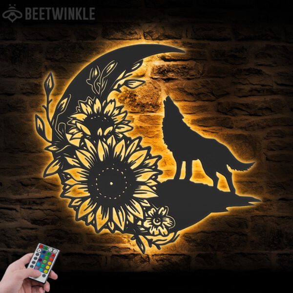 Floral-Wolf-On-The-Srescent-Moon-Sunflower-Metal-Wall-Art-LED-Light