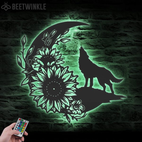 Floral-Wolf-On-The-Srescent-Moon-Sunflower-Metal-Wall-Art-LED-Light-8