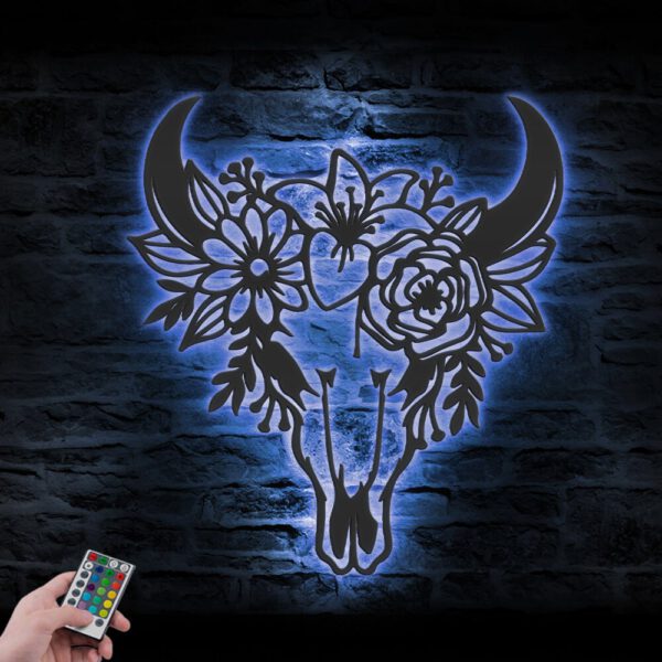 Flower-Cow-Skull-Farmhouse-Metal-Wall-Art-LED-Light-5