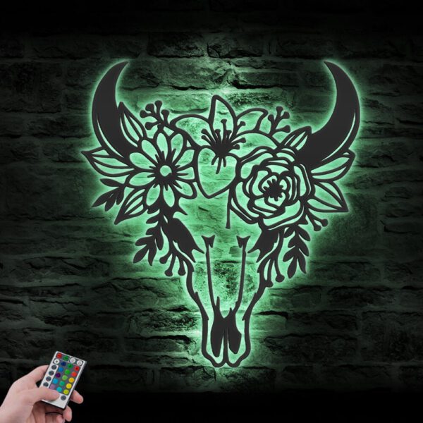 Flower-Cow-Skull-Farmhouse-Metal-Wall-Art-LED-Light