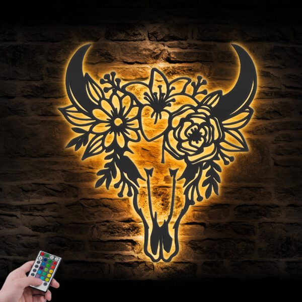 Flower-Cow-Skull-Farmhouse-Metal-Wall-Art-LED-Light-8