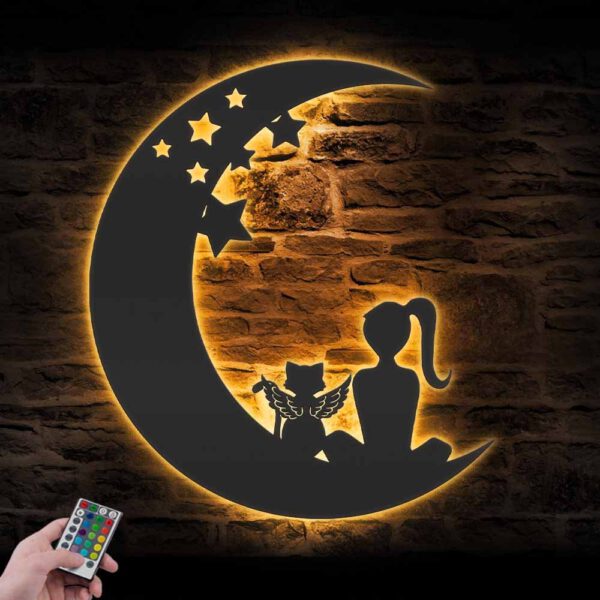 Girl-And-Cat-Angle-Wing-On-The-Moon-Metal-Wall-Art-with-LED-Light