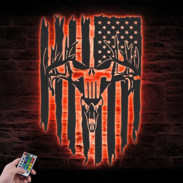 Punisher-Skull-Deer-Hunting-US-Flag-Metal-Wall-Art-LED-Light-2