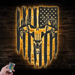 Punisher-Skull-Deer-Hunting-US-Flag-Metal-Wall-Art-LED-Light-3