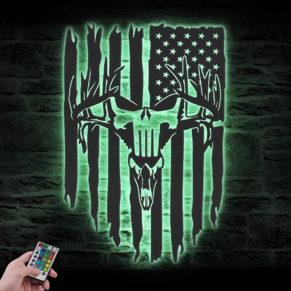 Punisher-Skull-Deer-Hunting-US-Flag-Metal-Wall-Art-LED-Light