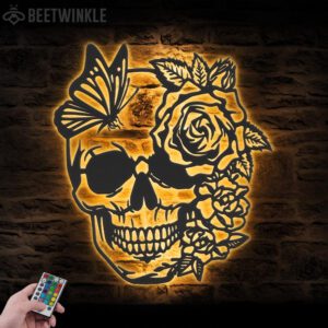 Rose-Sugar-Skull-Metal-Wall-Art-with-LED-Light-2