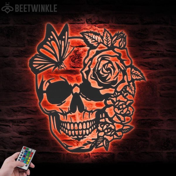 Rose-Sugar-Skull-Metal-Wall-Art-with-LED-Light-3