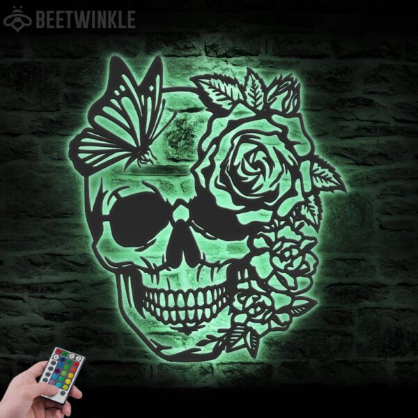 Rose-Sugar-Skull-Metal-Wall-Art-with-LED-Light-8