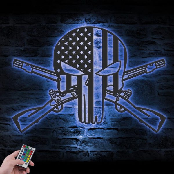 US-Punisher-Skull-Cross-Rifles-Metal-Wall-Art-LED-Light