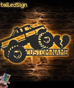Custom Love Heart Monster Truck Driver Metal Wall Art Led Light
